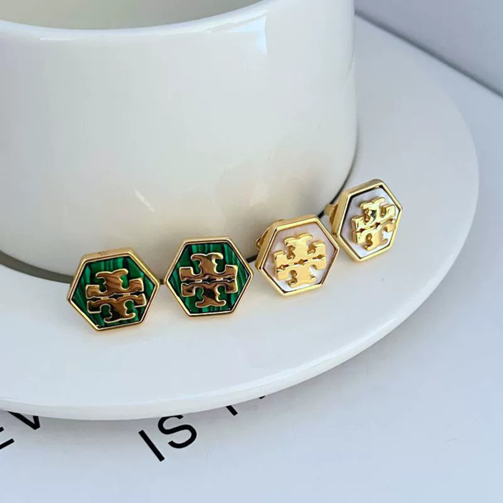 Tory Burch Shell Inlay Hexagonal Metal Stud Earrings